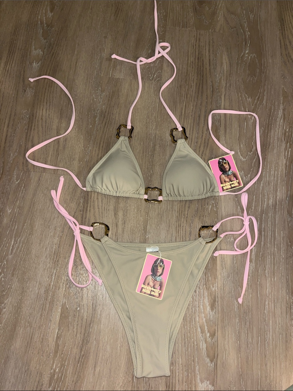 Beach Bunny Beige Triangle Bikini Top with Pink Straps